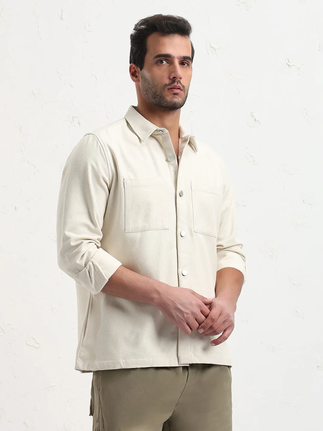 Men's Cream Relaxed Fit Shacket Elastic waist Cozy Flex