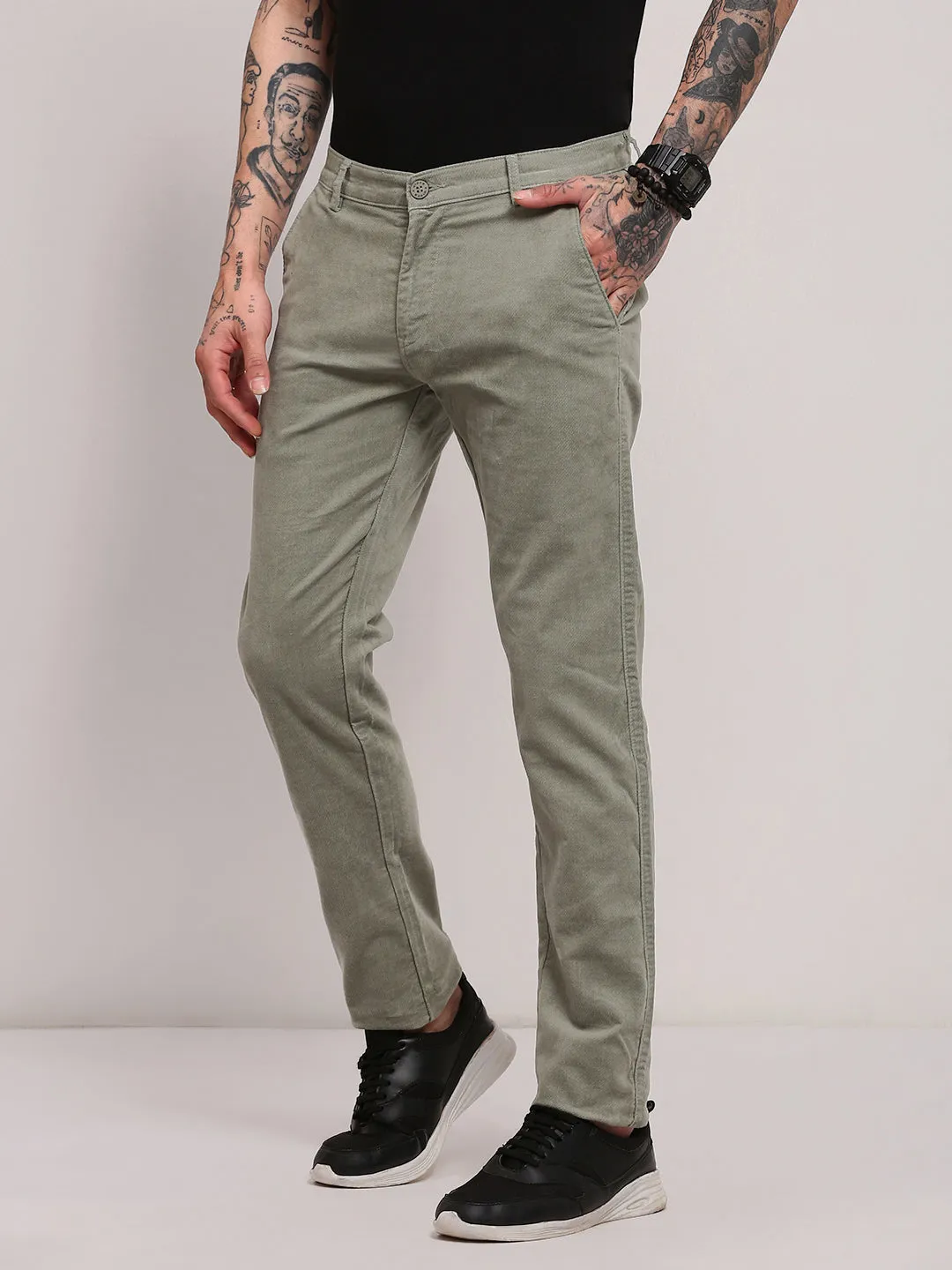 Men's Green Solid Cotton Trousers Casual Look Cozy Touch