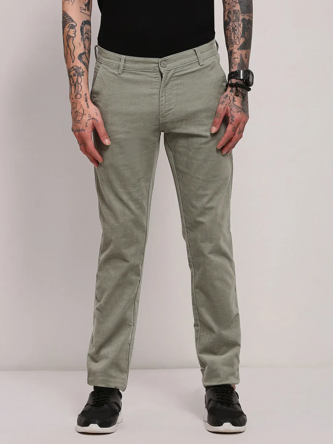 All Purpose Wear Men's Green Solid Cotton Trousers