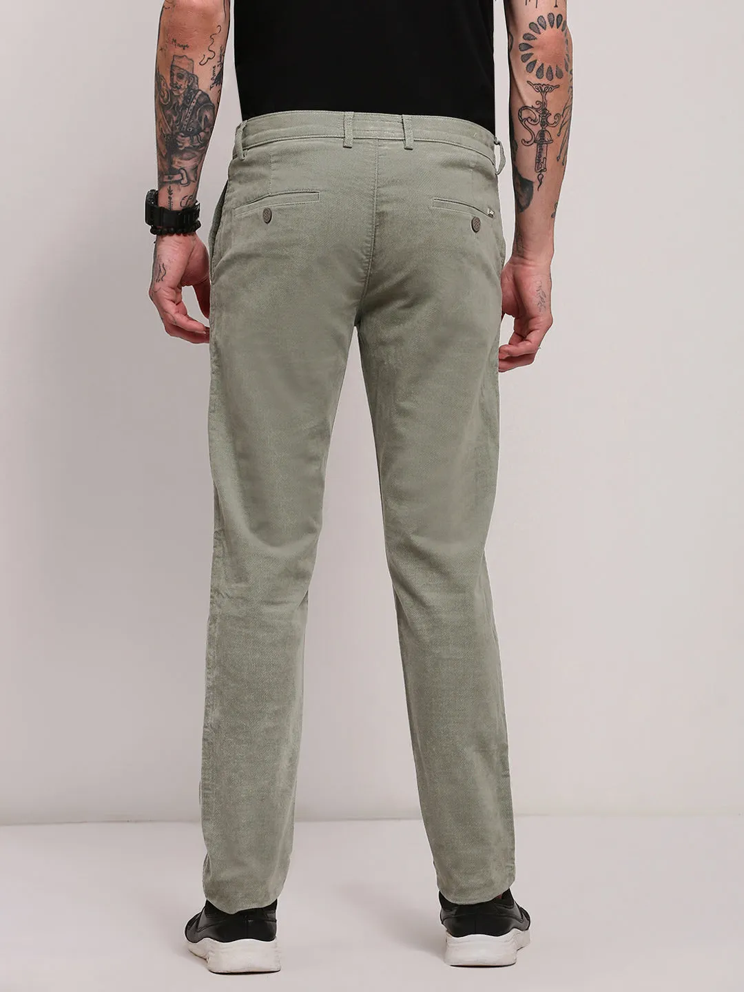 Men's Green Solid Cotton Trousers Urban Edge Comfort Wear Fit