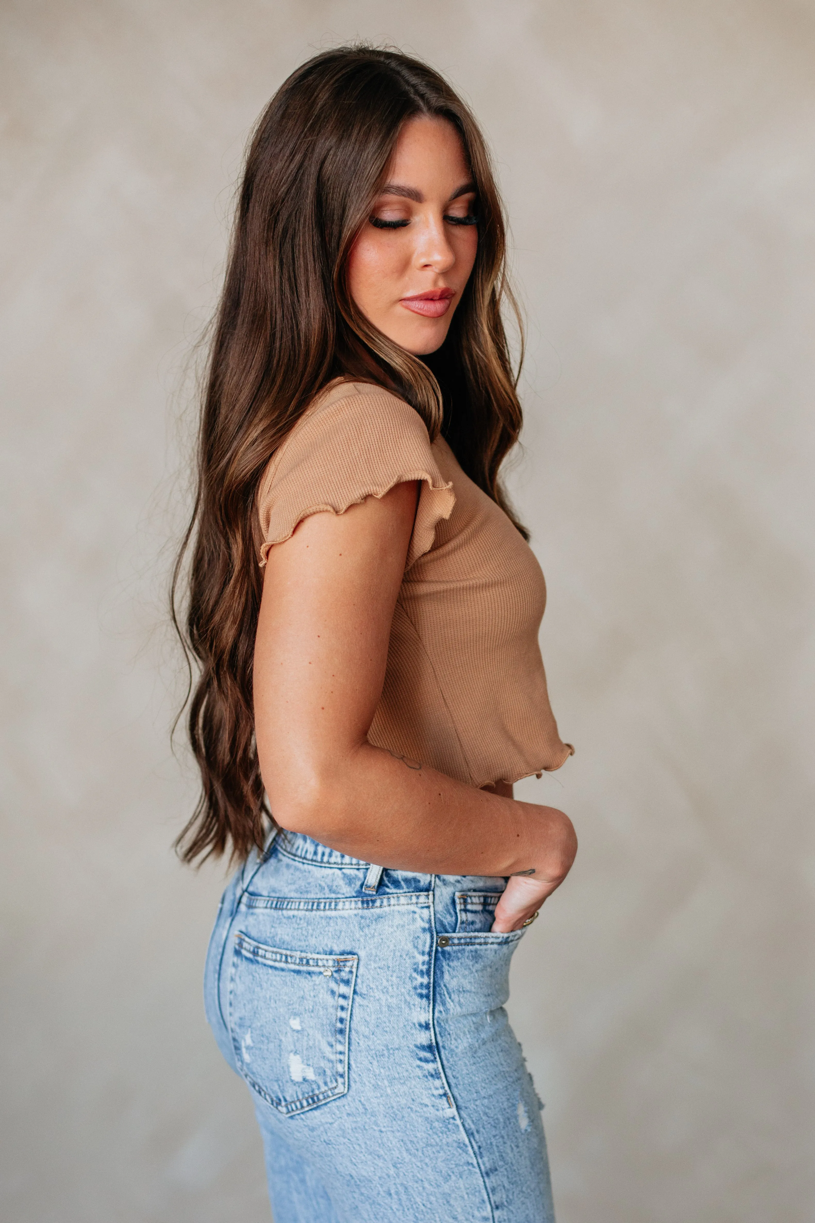 Knit Density Options WrinkleResistant Finish Tara Waffle Knit Top - Camel