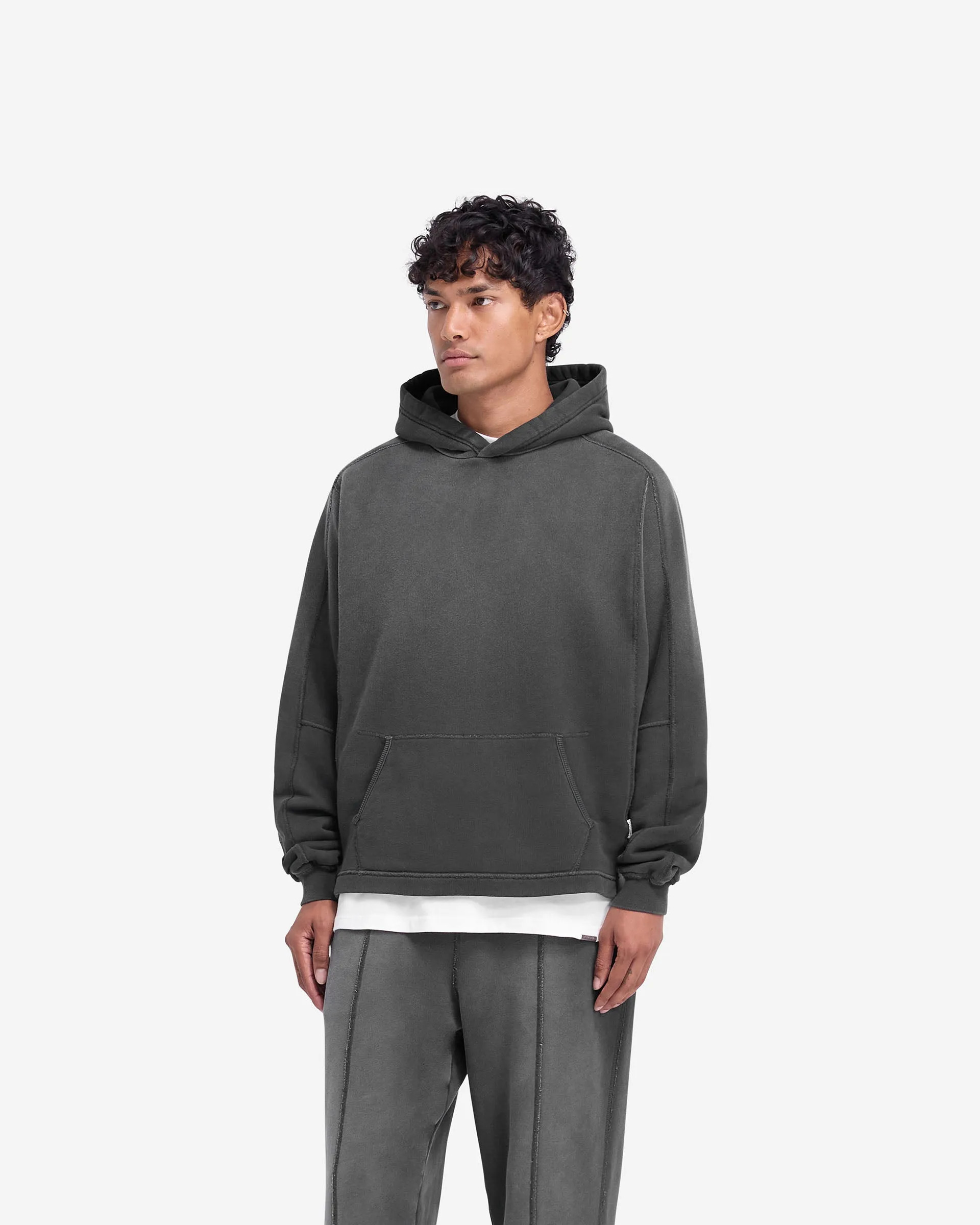 Stepped Hem Hoodie - Stained Black Urban Relaxed Thermal Lining