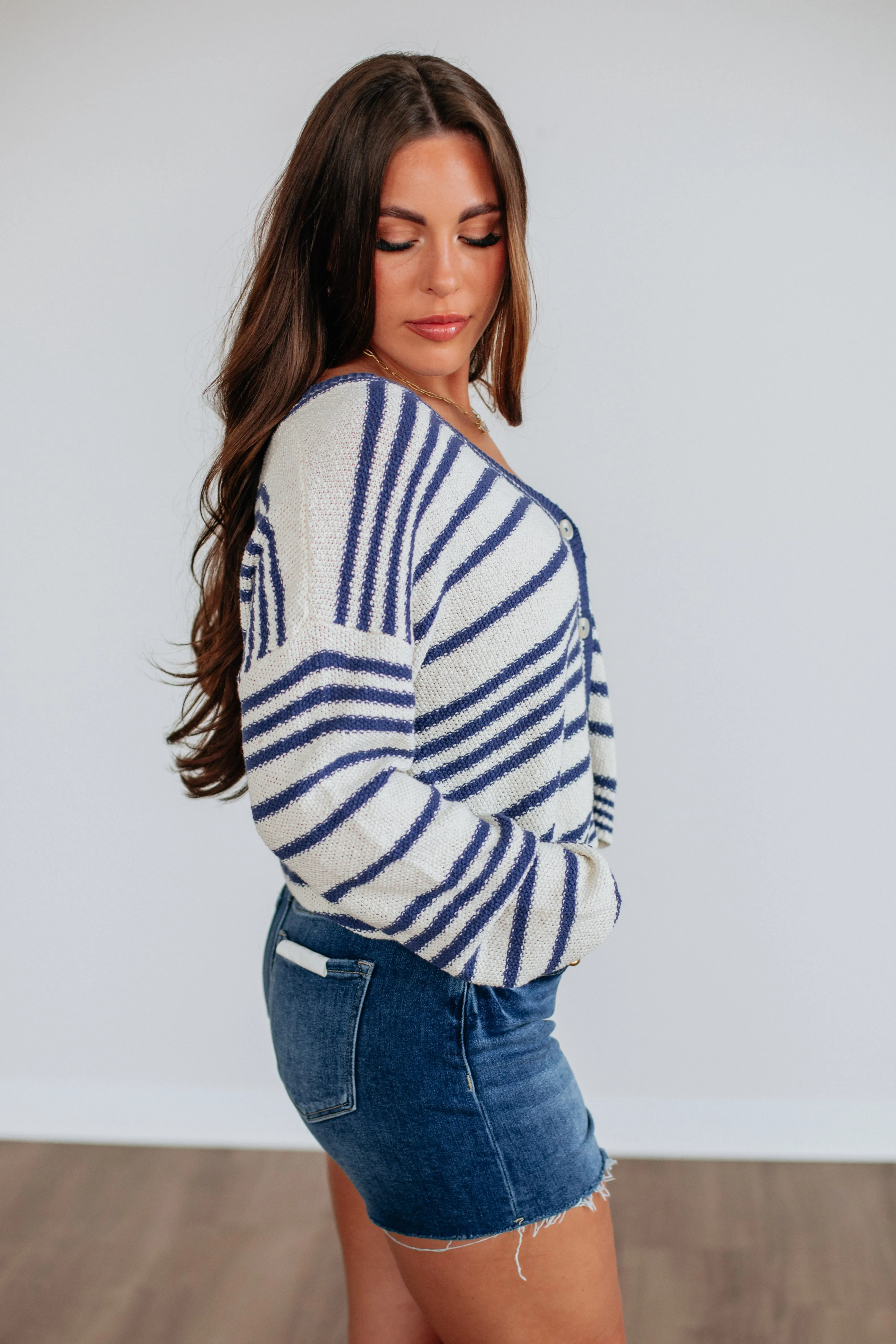 Scottie Striped Cardigan - Navy Mix Ventilation Panel Design
