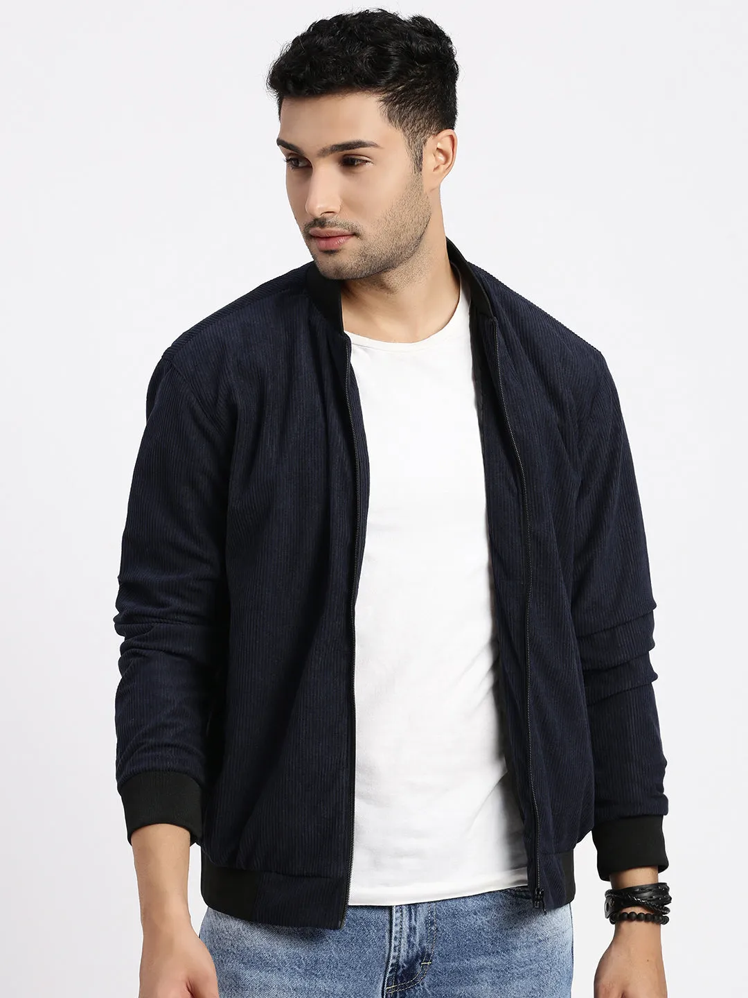 Men's Navy Blue Self Design Corduroy Bomber Jacket ConvertibleCollar