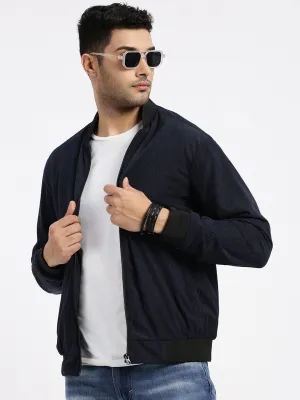 Men's Navy Blue Self Design Corduroy Bomber Jacket Quick Access Closures