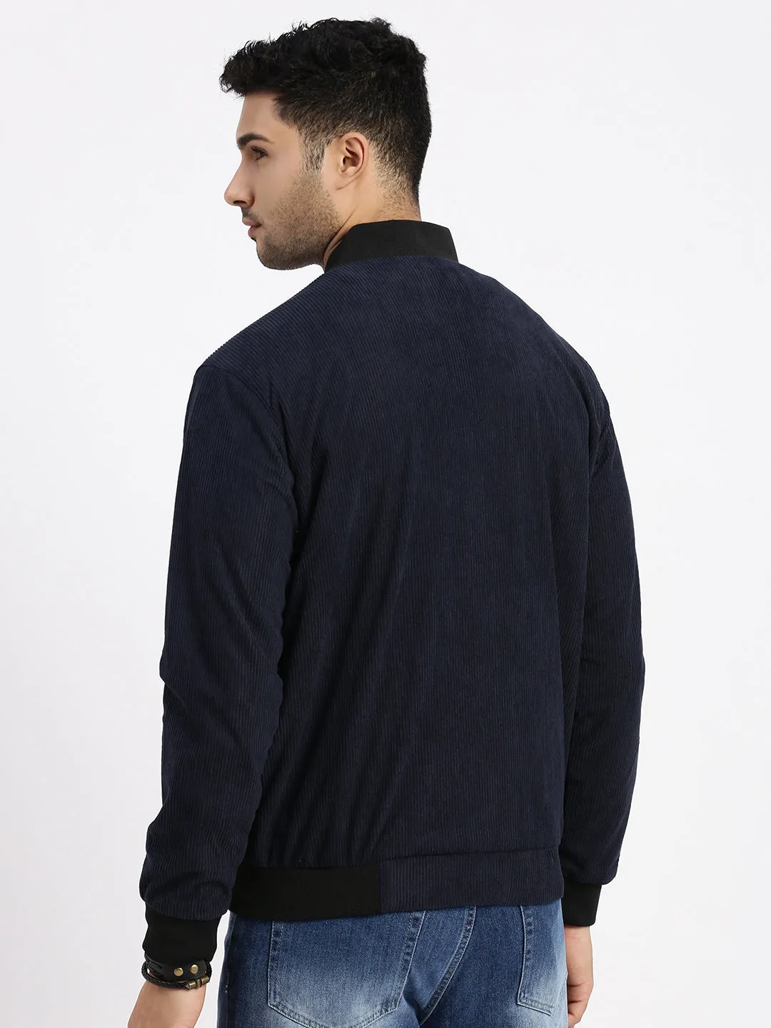 Men's Navy Blue Self Design Corduroy Bomber Jacket Anti Pilling Fabric