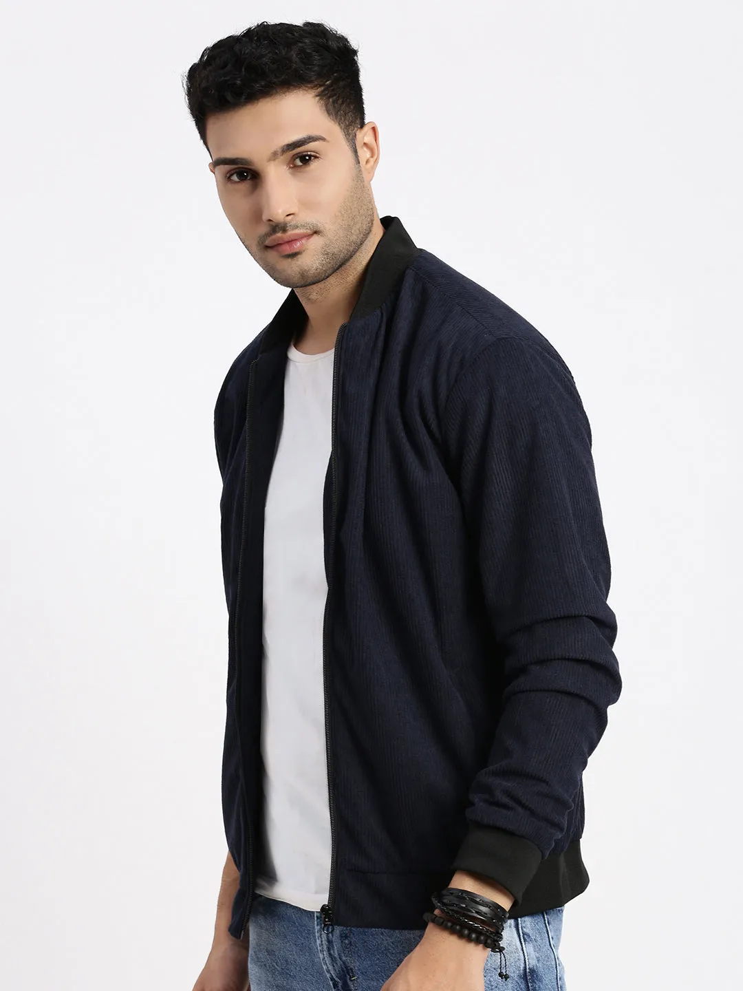 Concealed Zippers Men's Navy Blue Self Design Corduroy Bomber Jacket