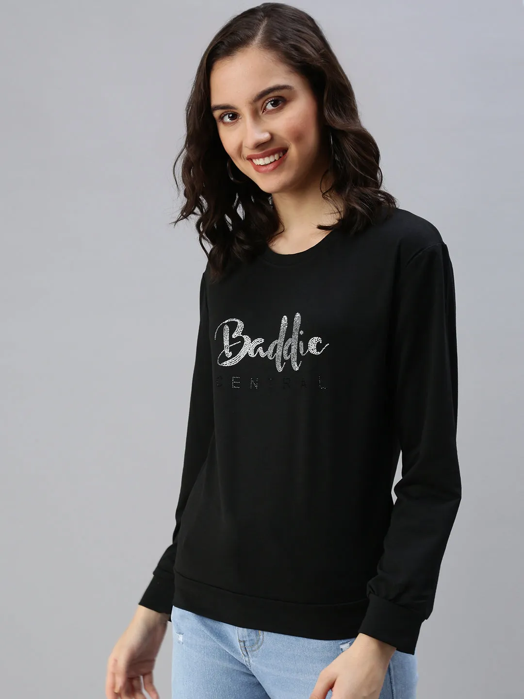 Women's Black Printed Cotton Sweatshirt Half sleeve Easy Layer