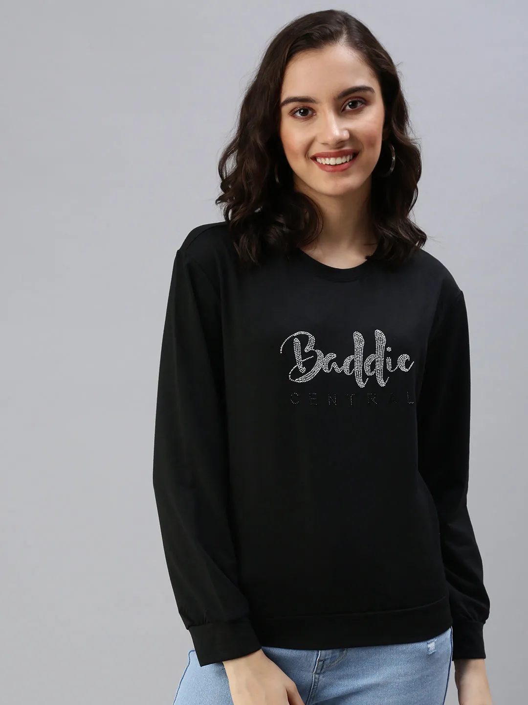 Women's Black Printed Cotton Sweatshirt buckle accents