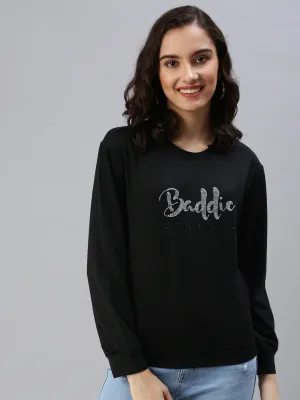 Women's Black Printed Cotton Sweatshirt buckle accents