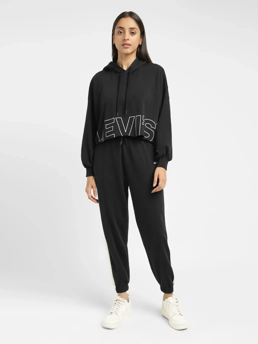 Women's Brand Logo Black And White Hooded Sweatshirt Fashion Fit color fast