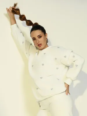 Women's White Oversized Sweatshirt with Small Embellished Hearts Trendy Wearable Daily Wear