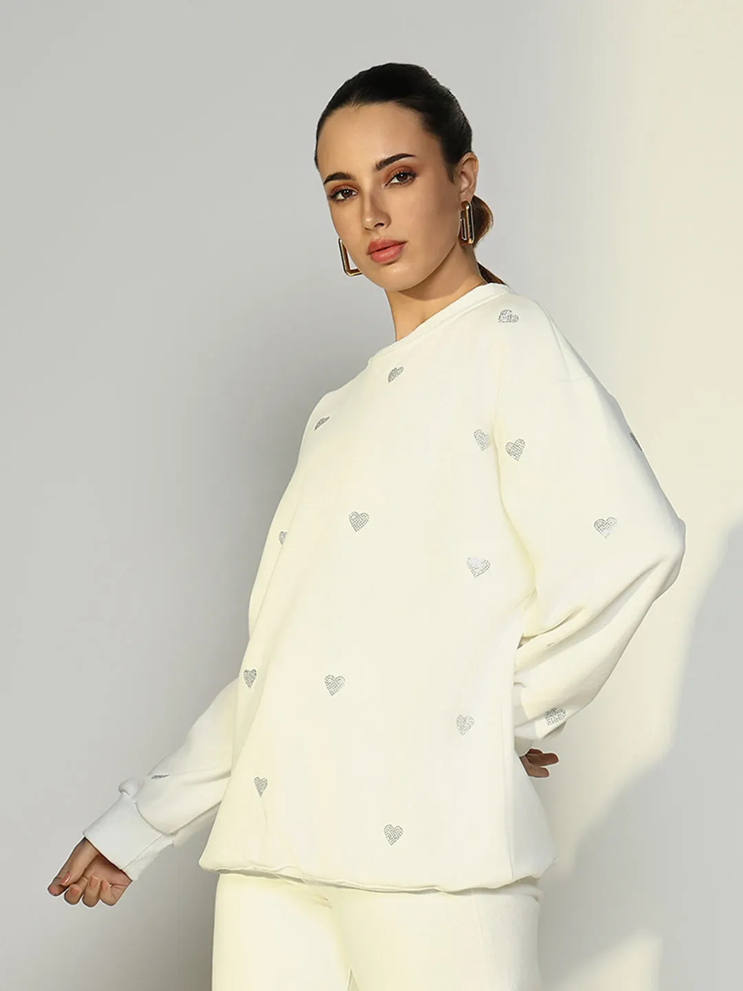 Women's White Oversized Sweatshirt with Small Embellished Hearts Fashion Wearable Modern