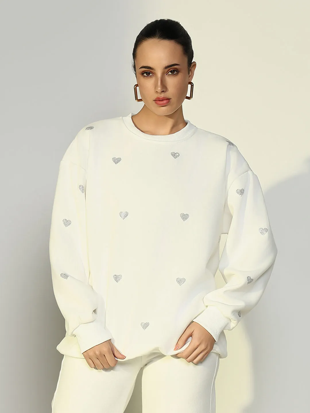Women's White Oversized Sweatshirt with Small Embellished Hearts Essential Outerwear Urban Fashion