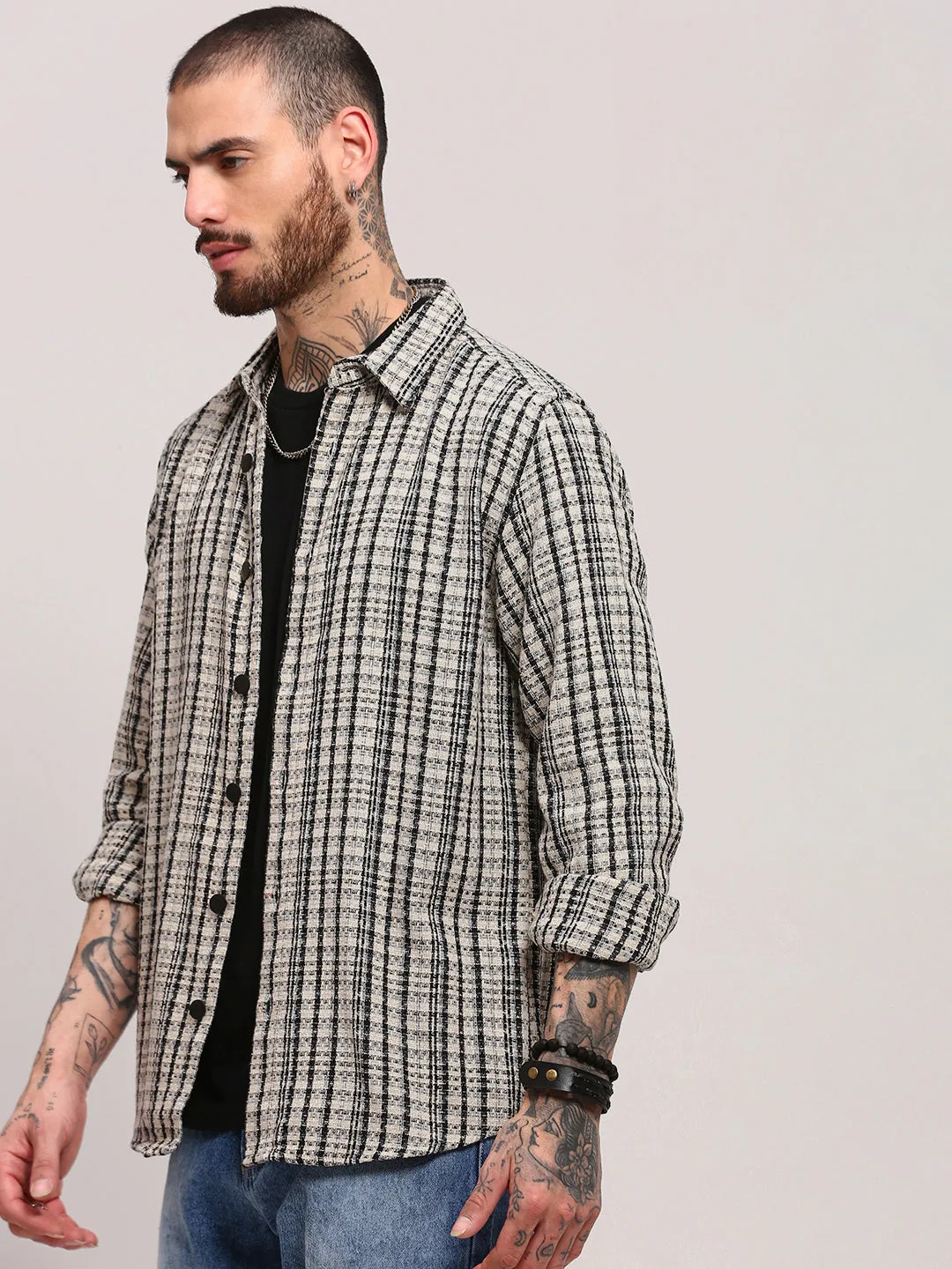 Laser Cut Edges Men's Cream Micro Checked Shacket