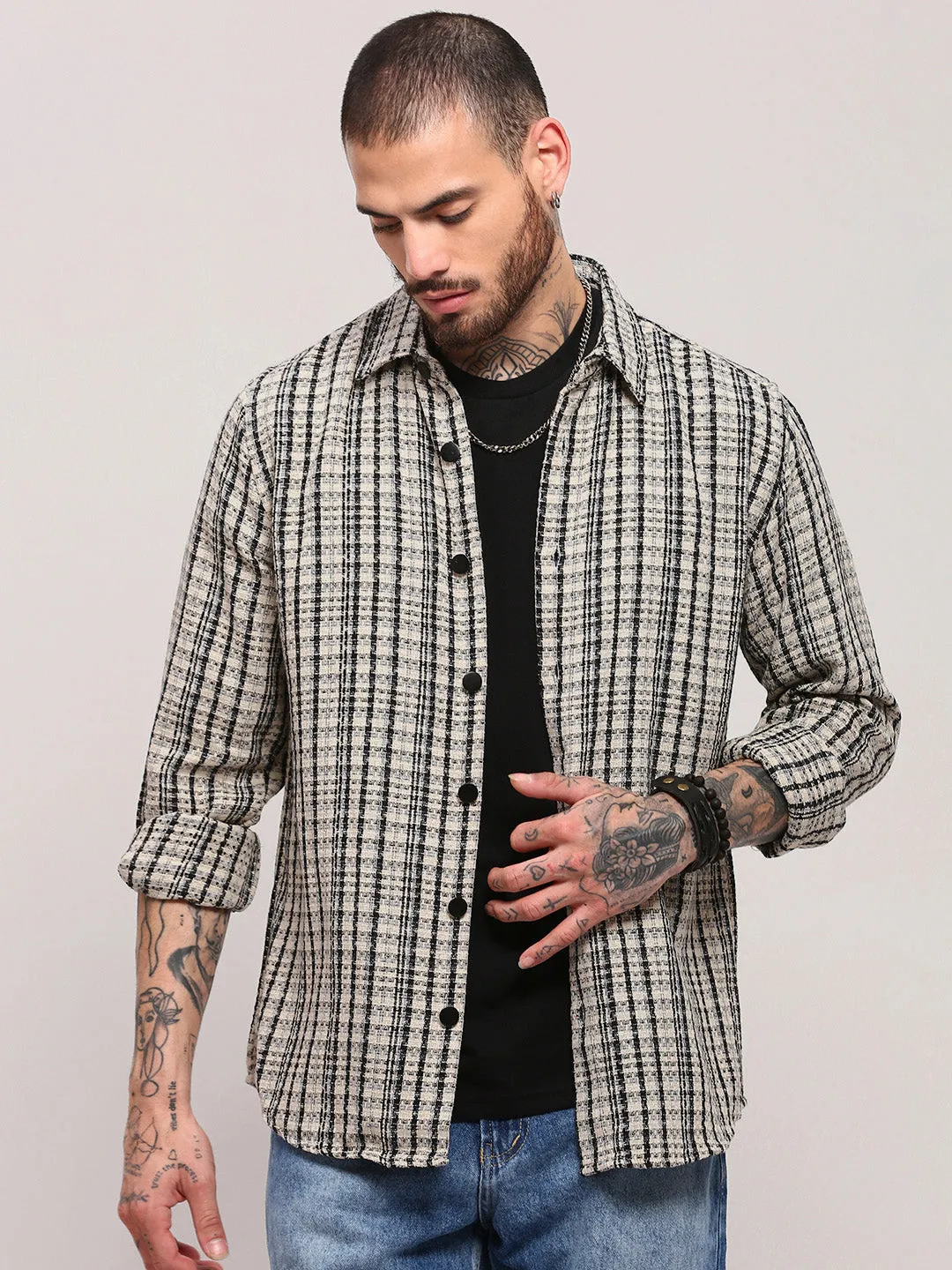 Men's Cream Micro Checked Shacket Customer Favorite