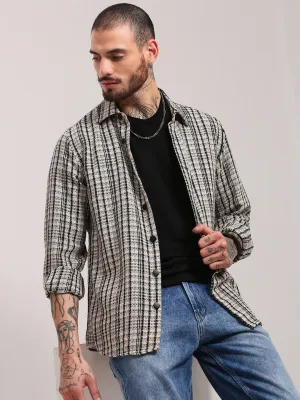Men's Cream Micro Checked Shacket Day-to-Night Look Chilly Comfort Wear