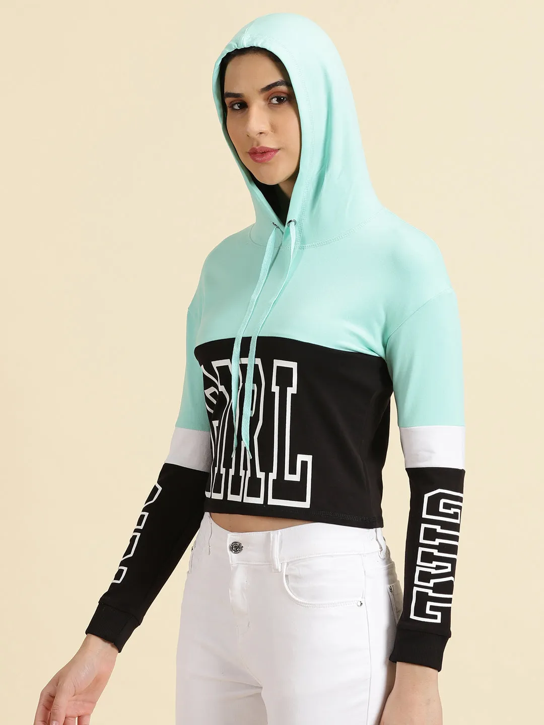 Women's Sea Green Typography Printed Hooded Neck Cotton Sweatshirt Festival Fashion