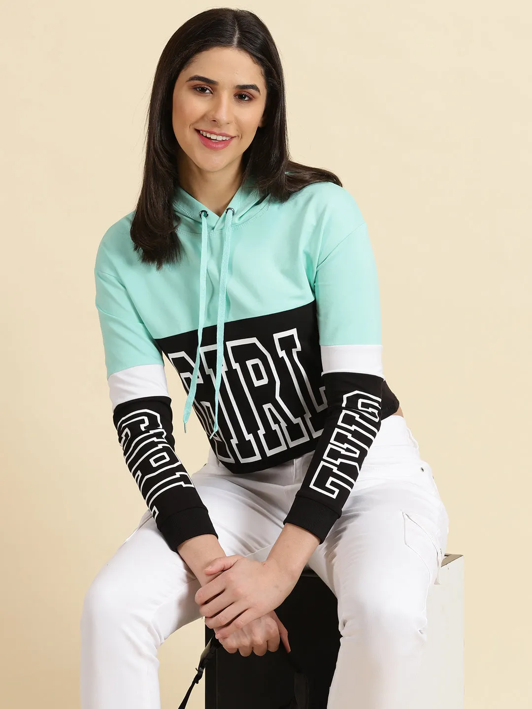 Removable tribal print Women's Sea Green Typography Printed Hooded Neck Cotton Sweatshirt