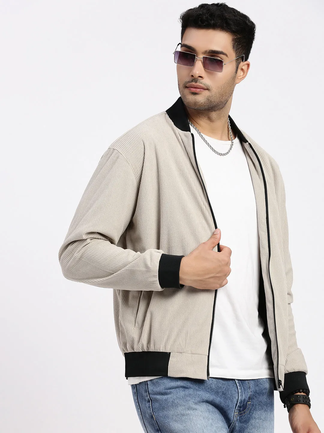 Men's Beige Mandarin Collar Bomber Jacket Stretch Comfort