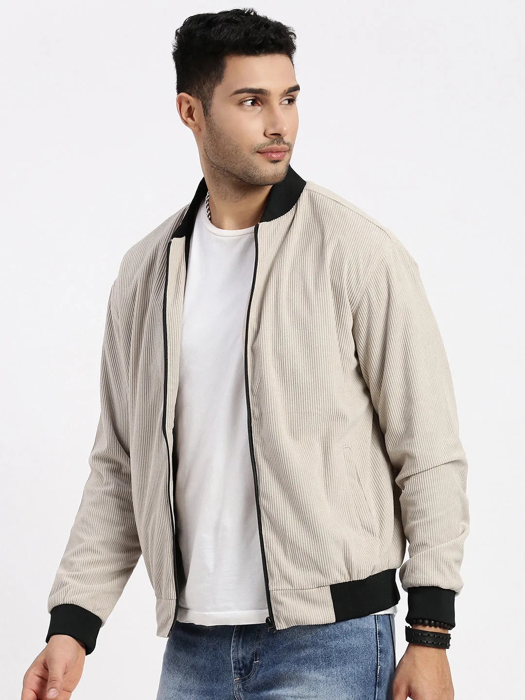 Neutral Tones Look Frictionless Zipper Tracks Men's Beige Mandarin Collar Bomber Jacket