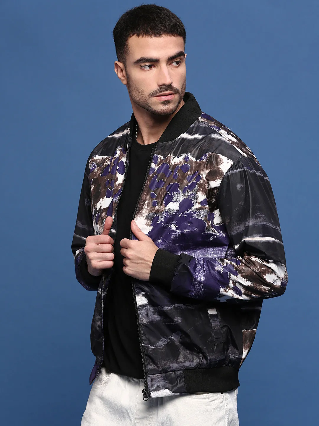 Men's Abstract Black Bomber Jacket Simple Modern Piece Fade Resistant Dye Method