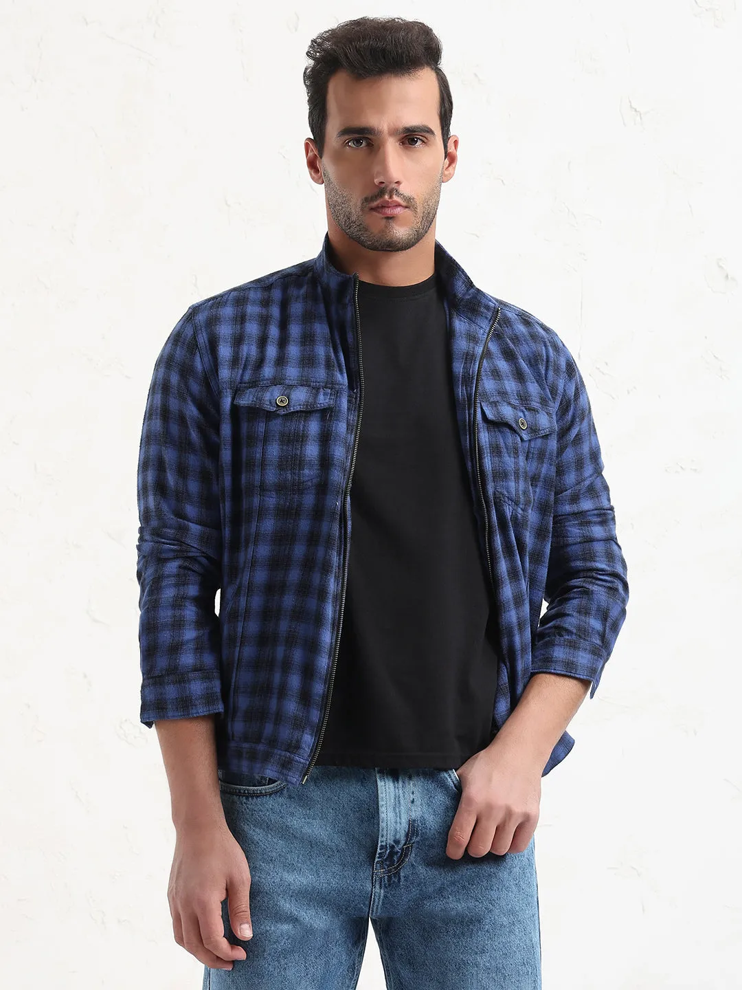 Comfortable Layer Layered Shoulder Design Men's Blue Checked Slim Fit Shacket