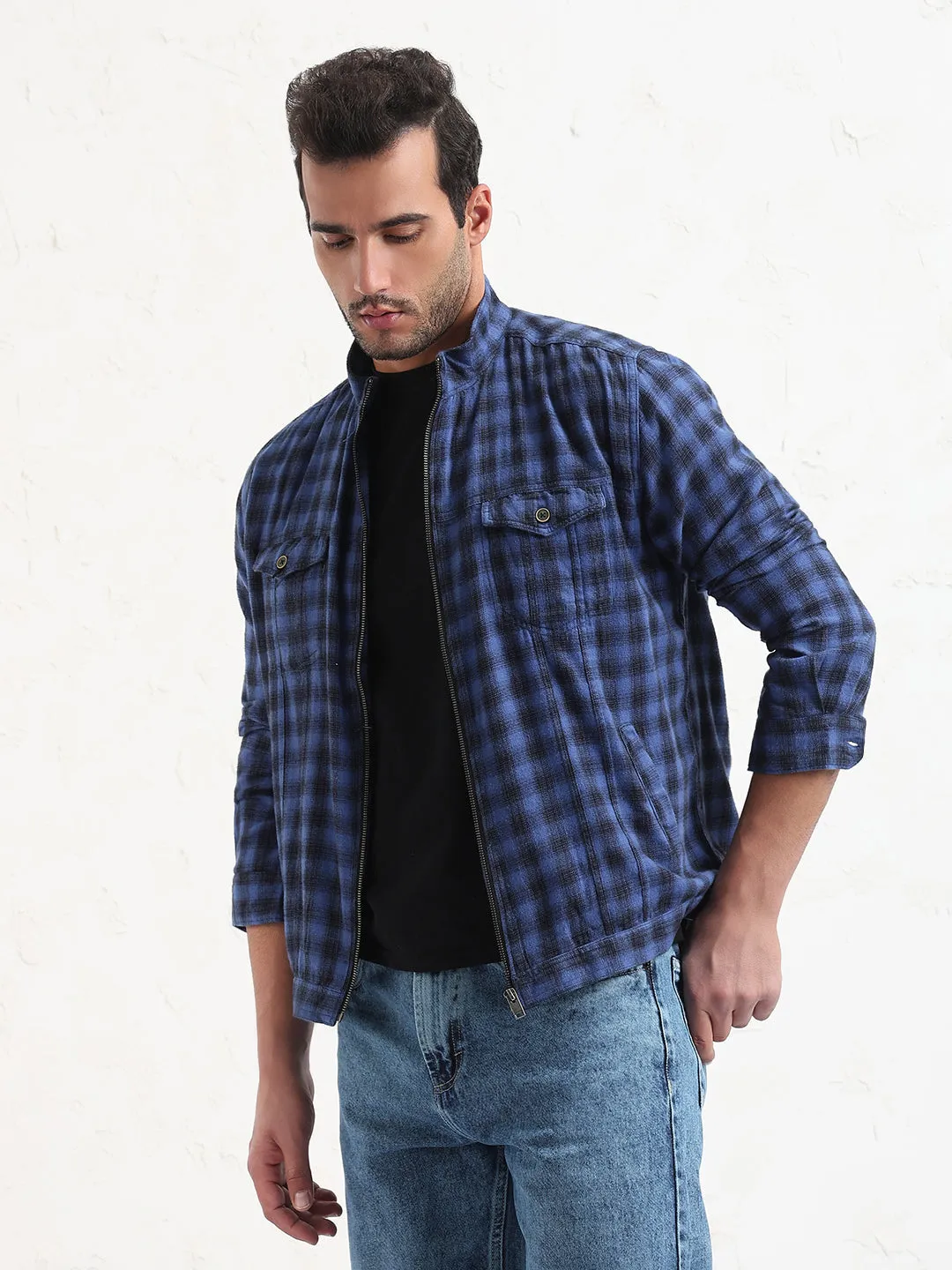 Men's Blue Checked Slim Fit Shacket Fashionable Piece Quick Access