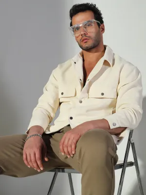 Trendy Vibes Wear Garment Dyed Finish Men's Solid Cream Shacket