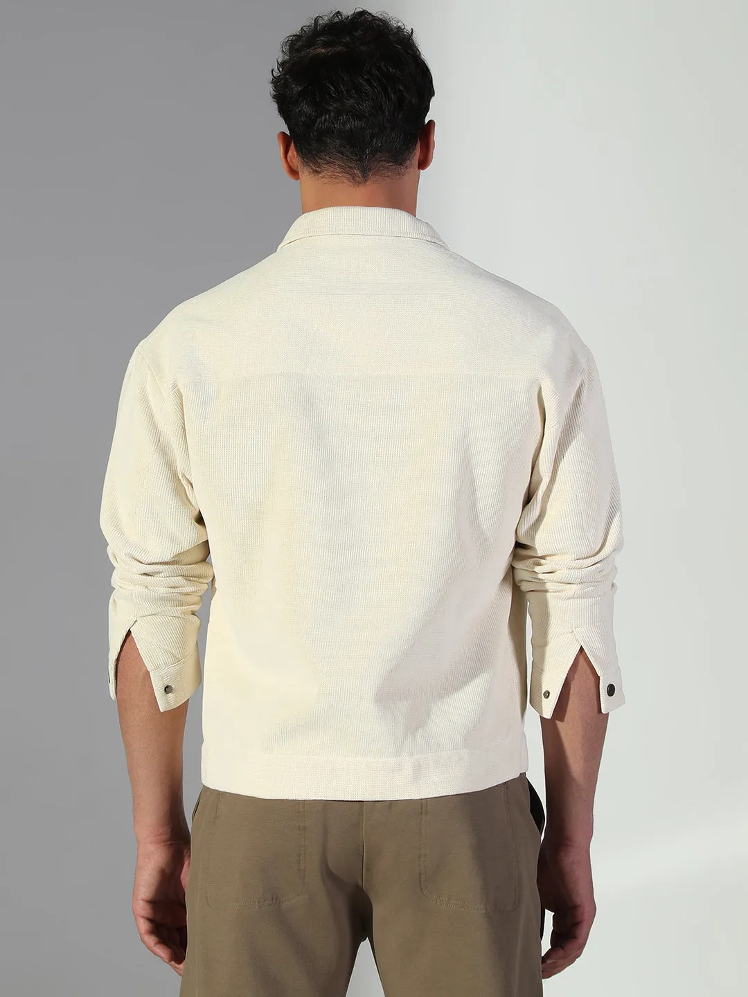 Men's Solid Cream Shacket Reinforced Neckline