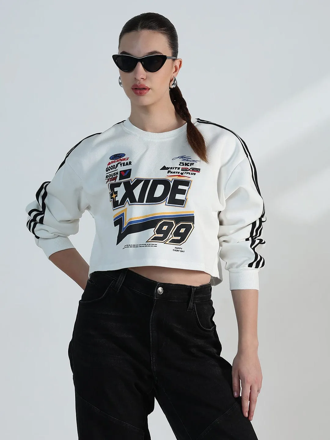 Premium Style Women's White Motorsport Oversized Crop Sweatshirt