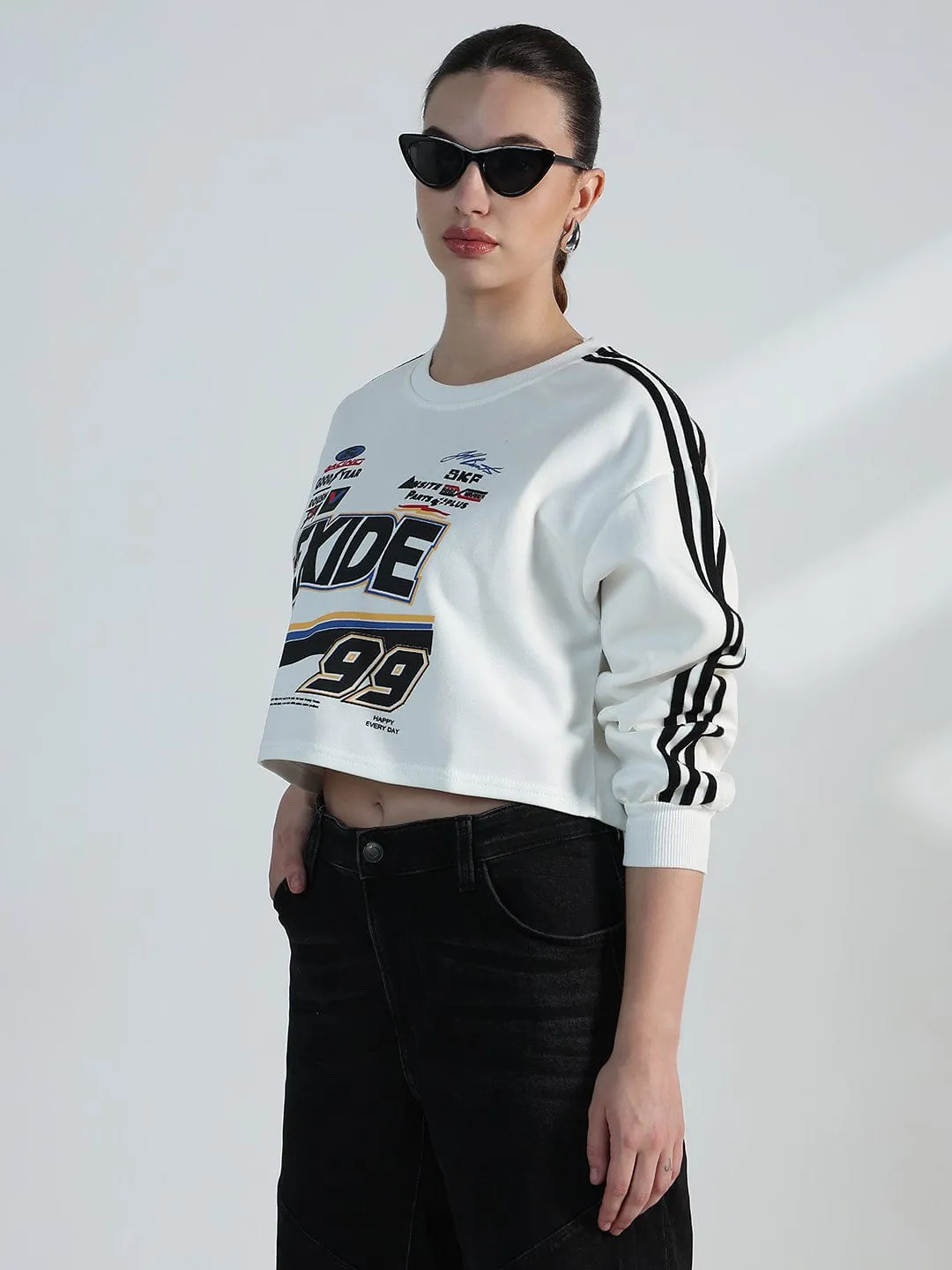 Women's White Motorsport Oversized Crop Sweatshirt Warm in winter