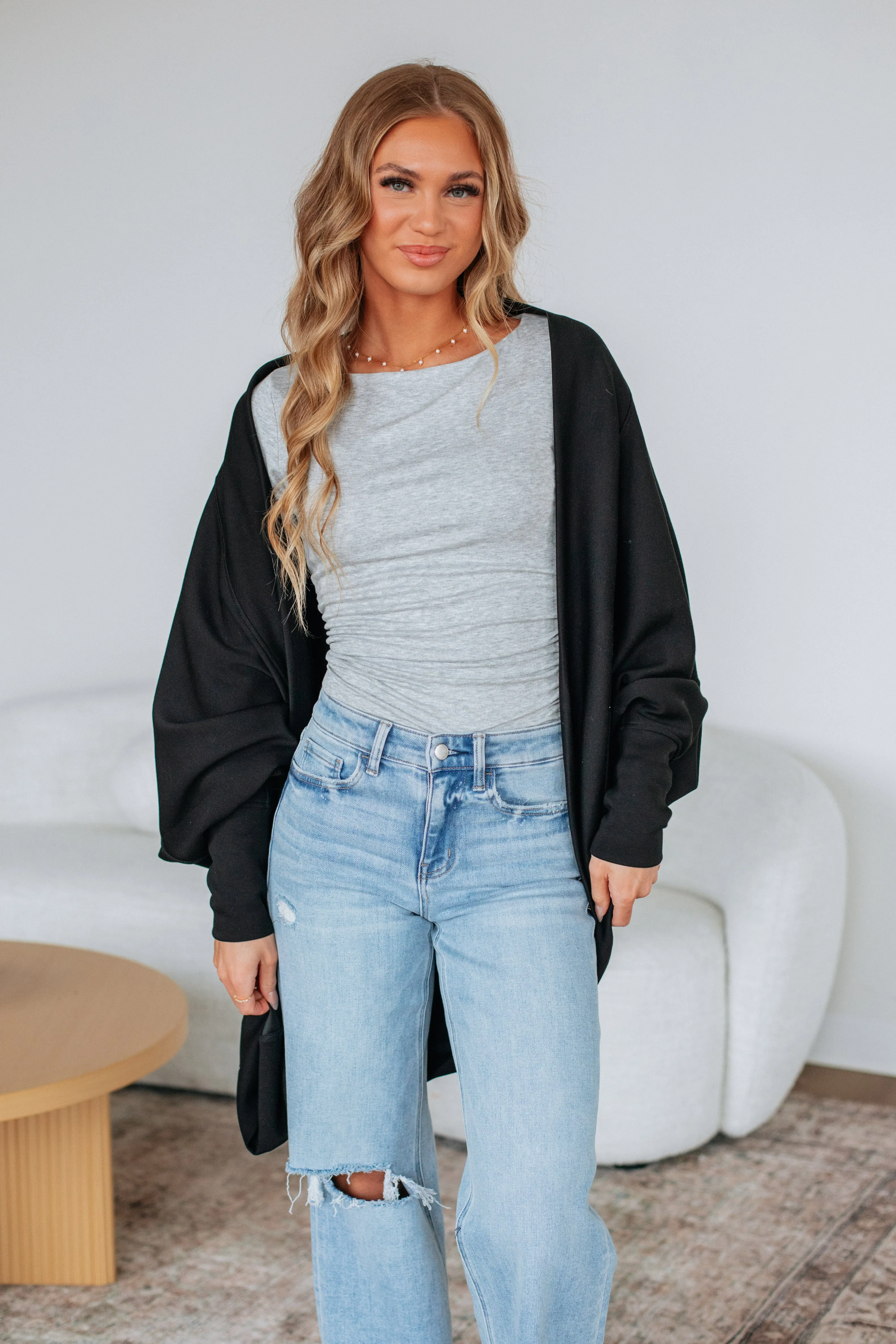 Zigzag Stitch Detail Urban Fashion True Potential Cardigan - Black