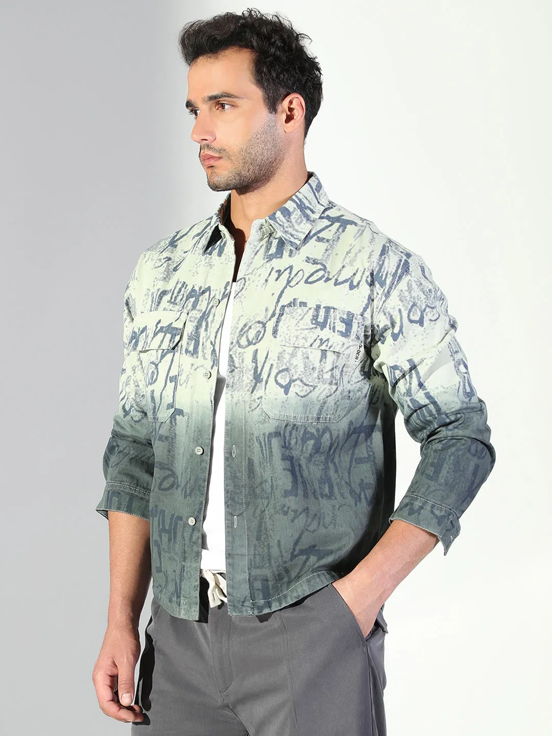 Light Flex Fit Effortless Comfort Wear Men's Typography Ombre Green Shacket