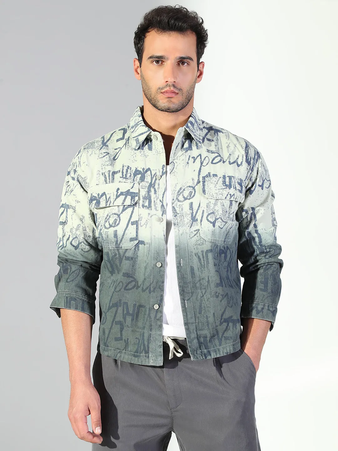 Fade Resistant Coating Anti Bacterial Treatment Men's Typography Ombre Green Shacket