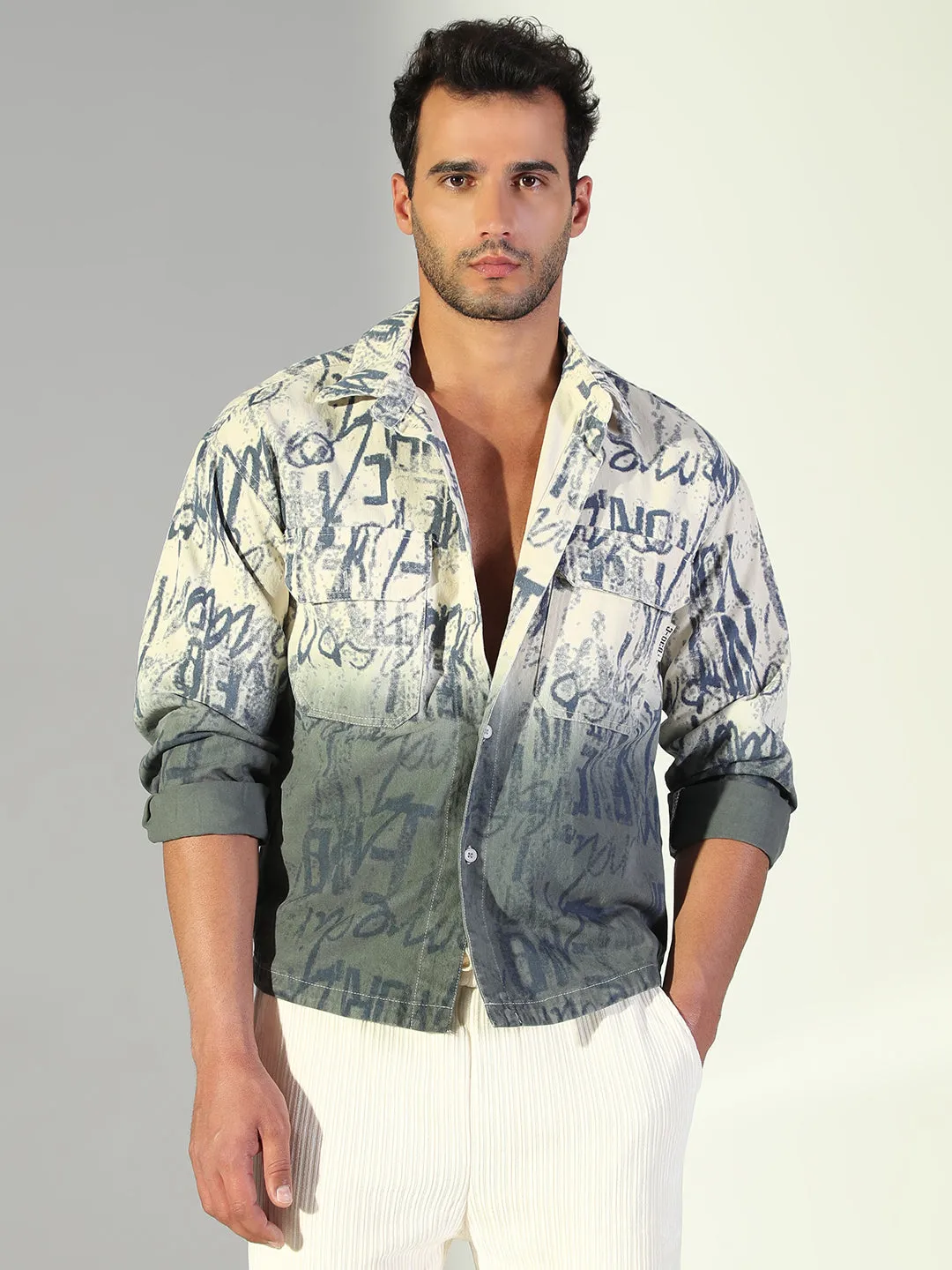 Men's Typography Ombre Cream Shacket Running Gear Seasonal Comfort Style