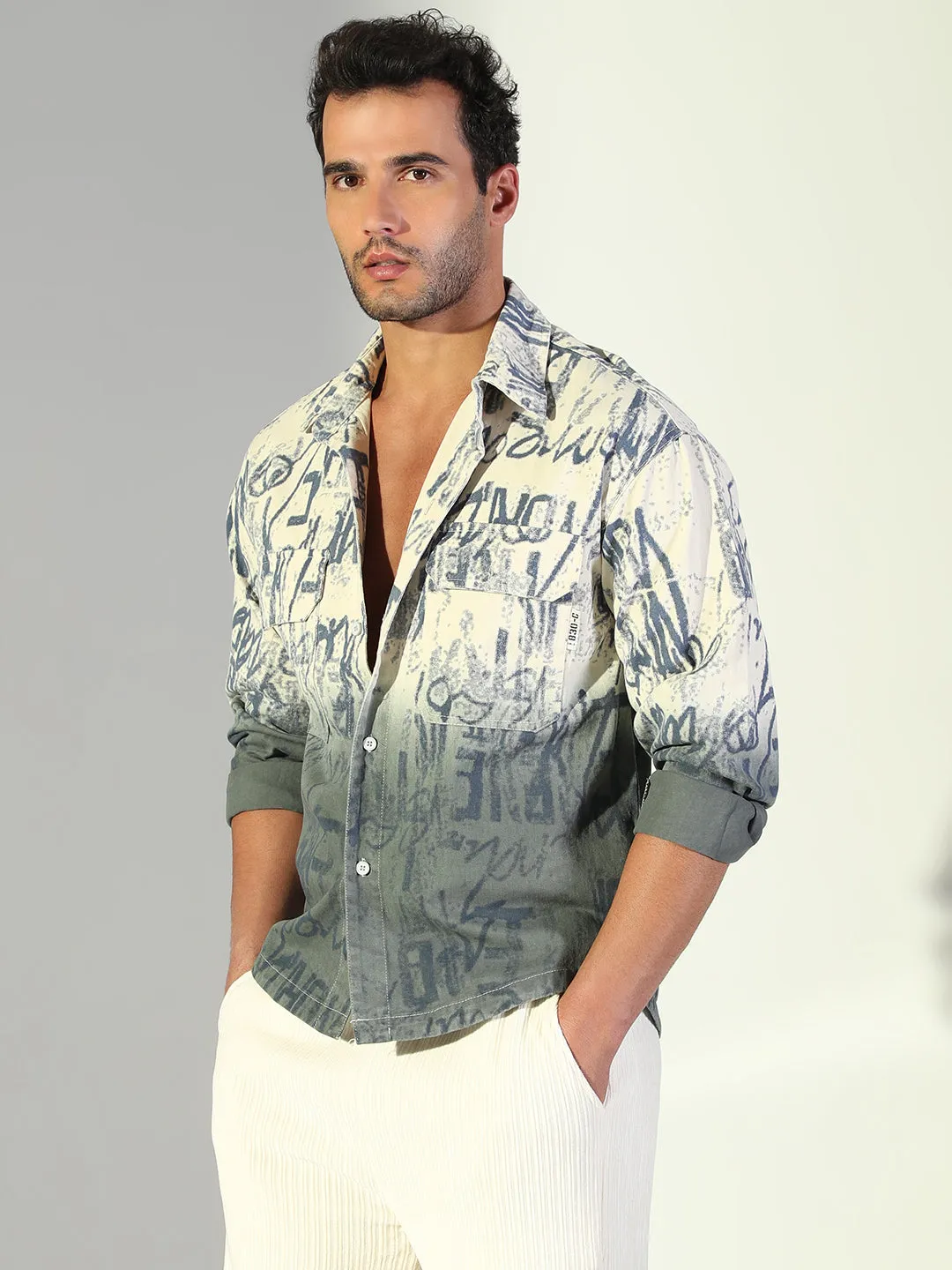 Men's Typography Ombre Cream Shacket EnhancedDurabilityFinish Soft Touch Texture