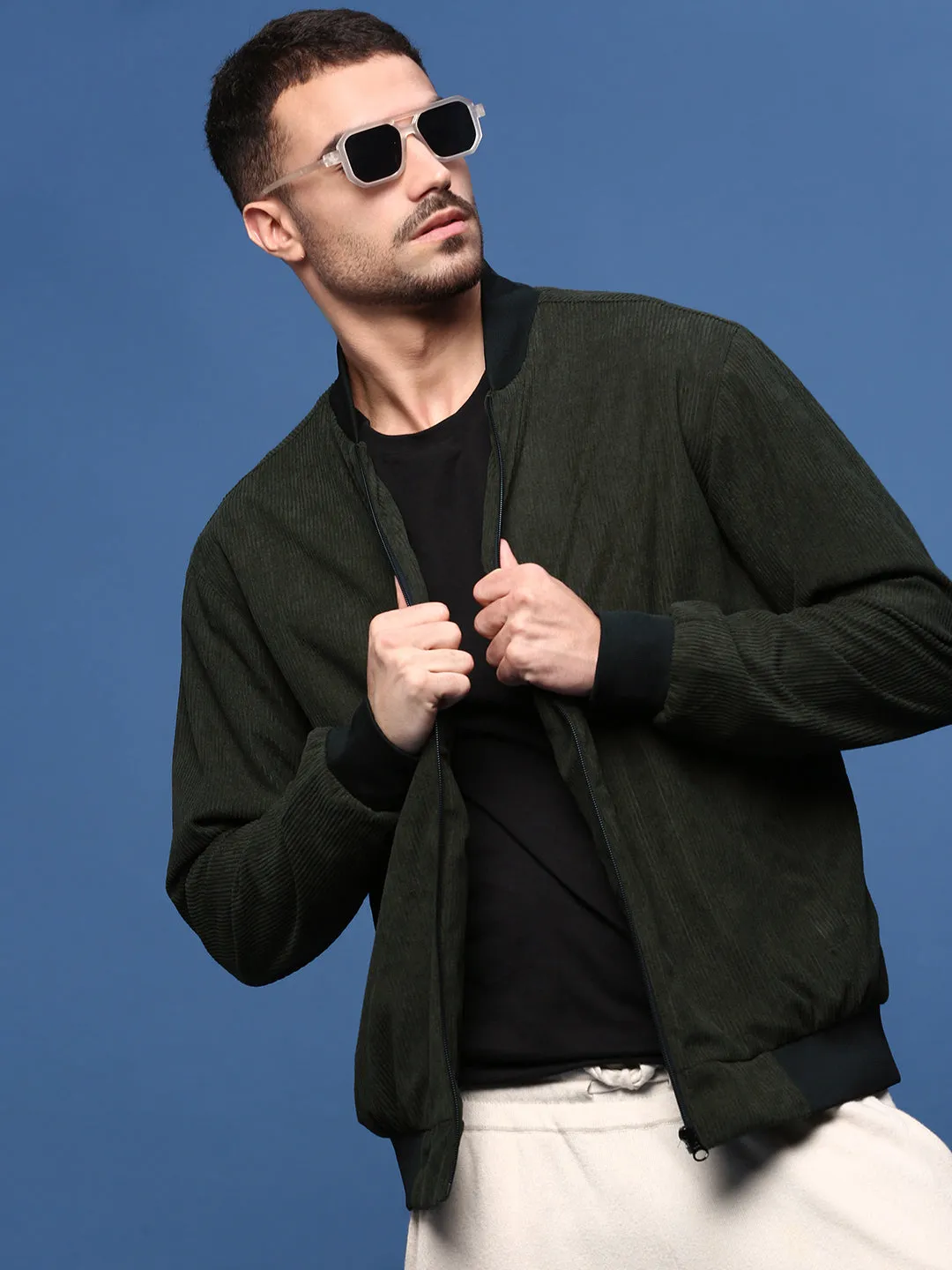 Smooth Finish Men's Olive Corduroy Windcheater Bomber Jacket