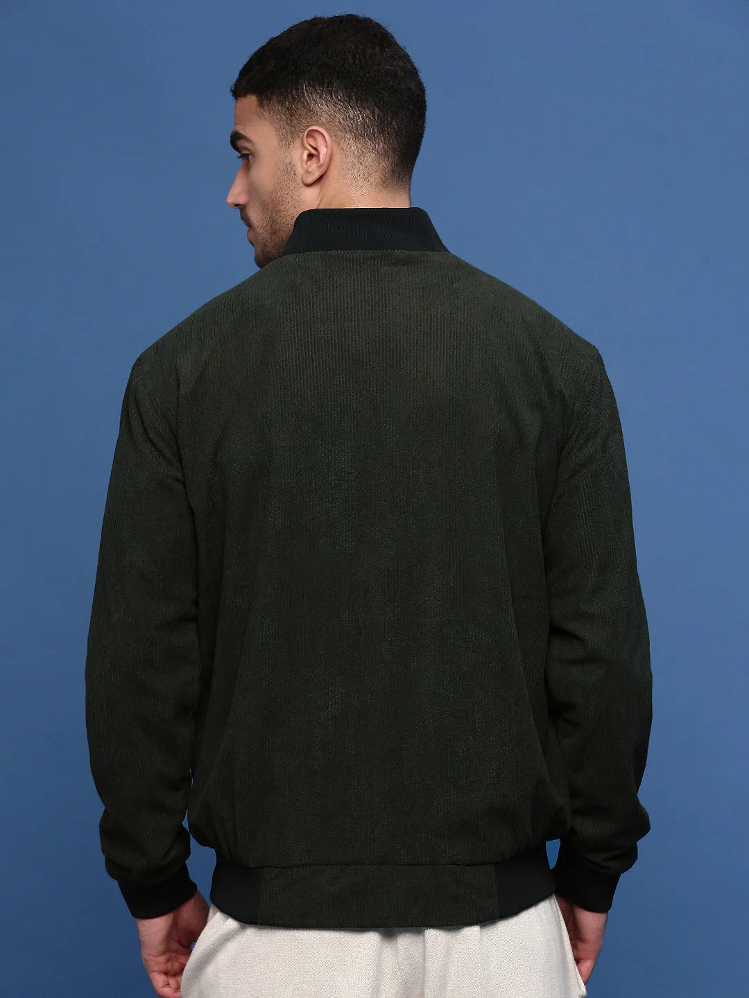Non Chafing Neckline Men's Olive Corduroy Windcheater Bomber Jacket