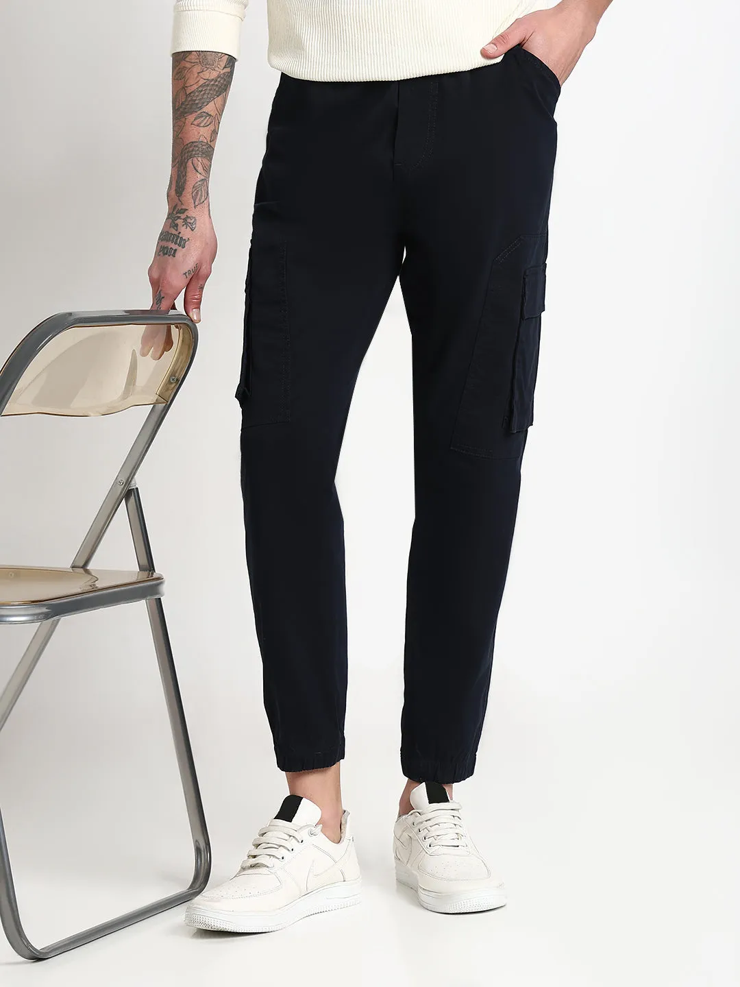 Men's Navy Blue Solid Cargo Joggers Pull-on style