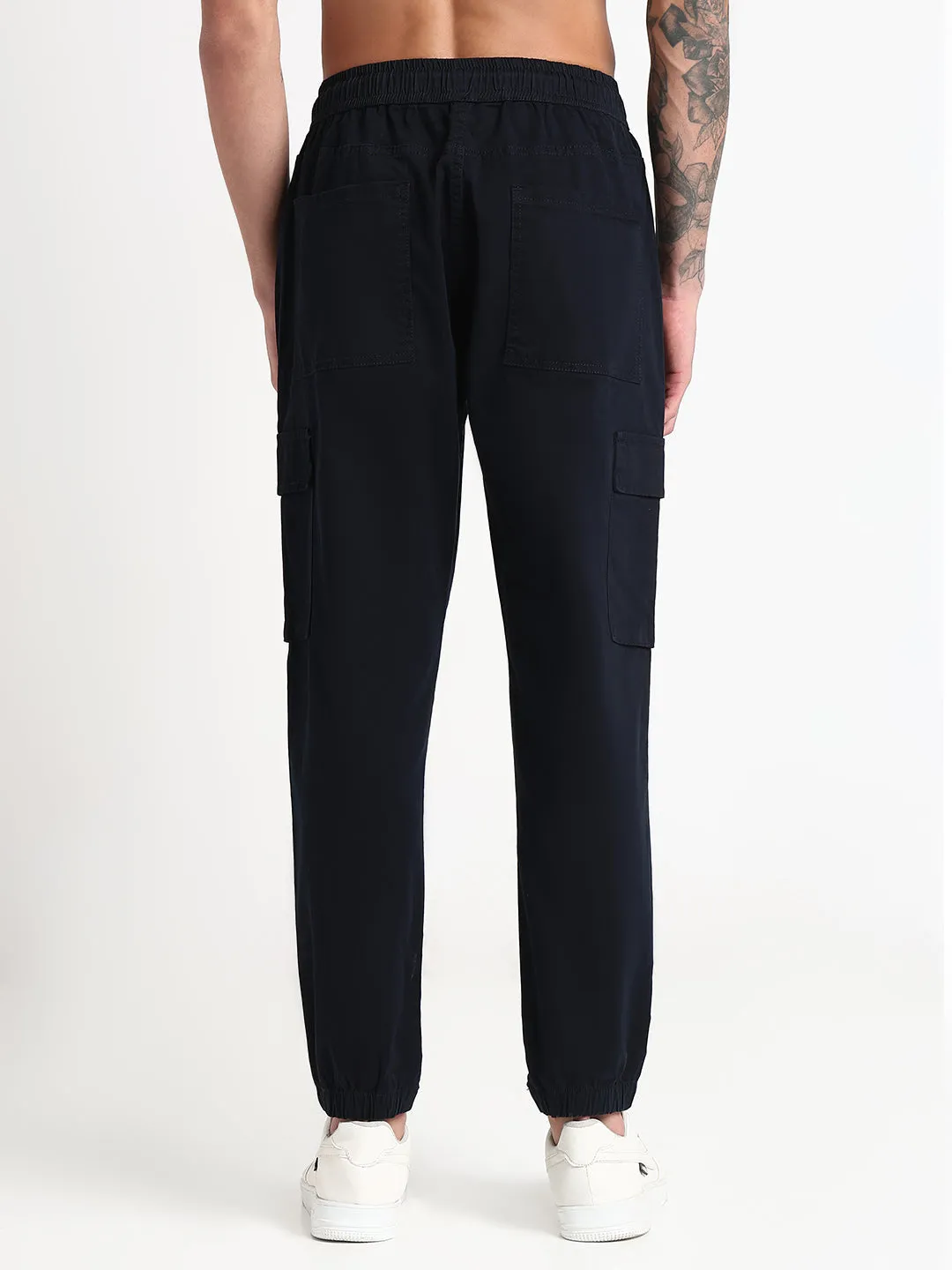 Men's Navy Blue Solid Cargo Joggers All Season Stretch Support Fit