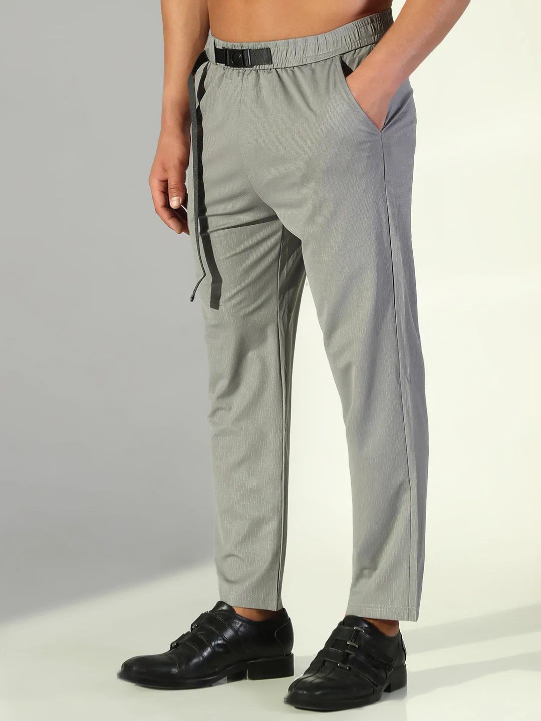 Men's Grey Solid Straight Fit Korean Trousers ElasticWaistband High-waisted fit