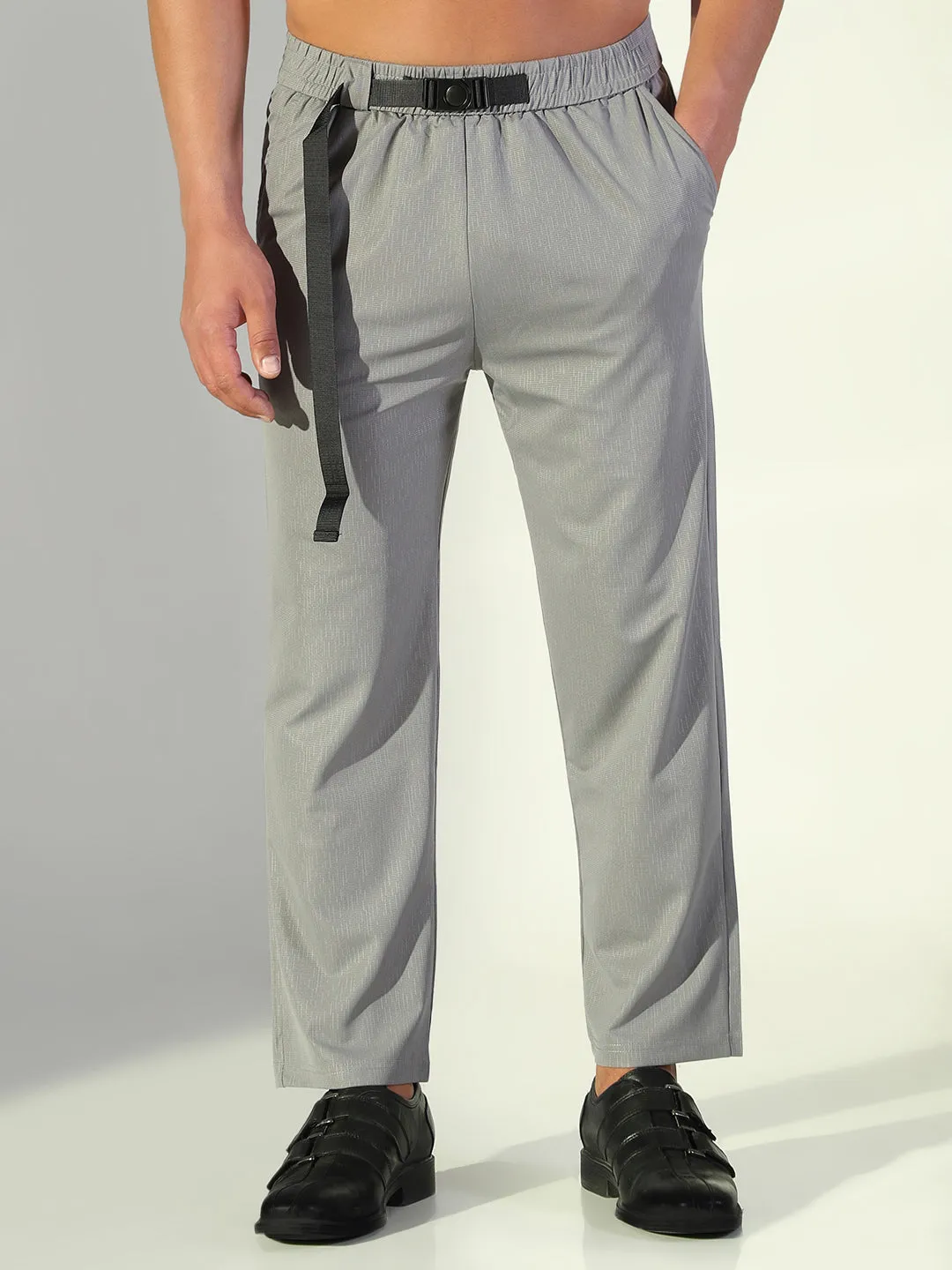 Gusseted Crotch Men's Grey Solid Straight Fit Korean Trousers