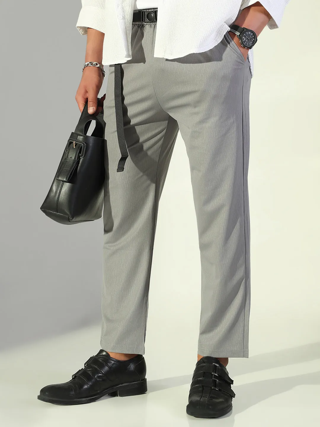 Fitted Design City Ready Men's Grey Solid Straight Fit Korean Trousers