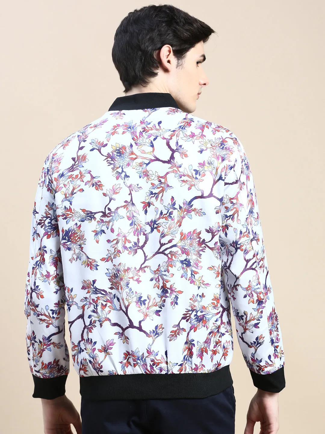 Men's White Floral Printed Bomber Jacket Casual Style Abrasion Resistant Trim