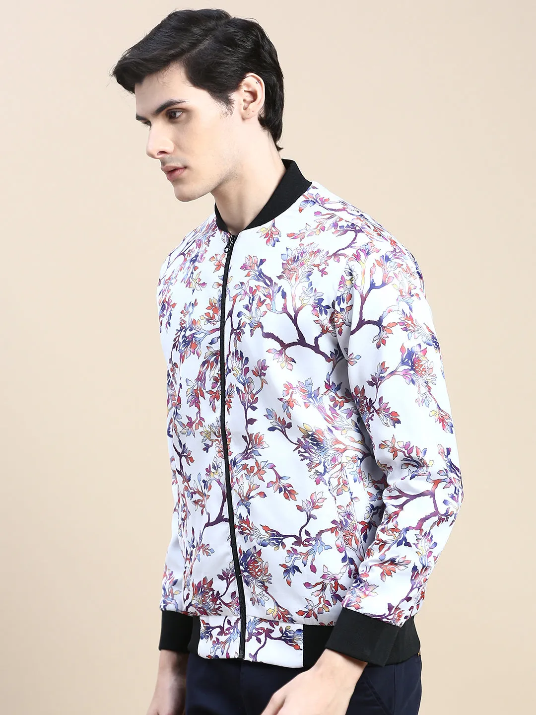 Non Restrictive Cut ErgonomicSleeveCut Men's White Floral Printed Bomber Jacket