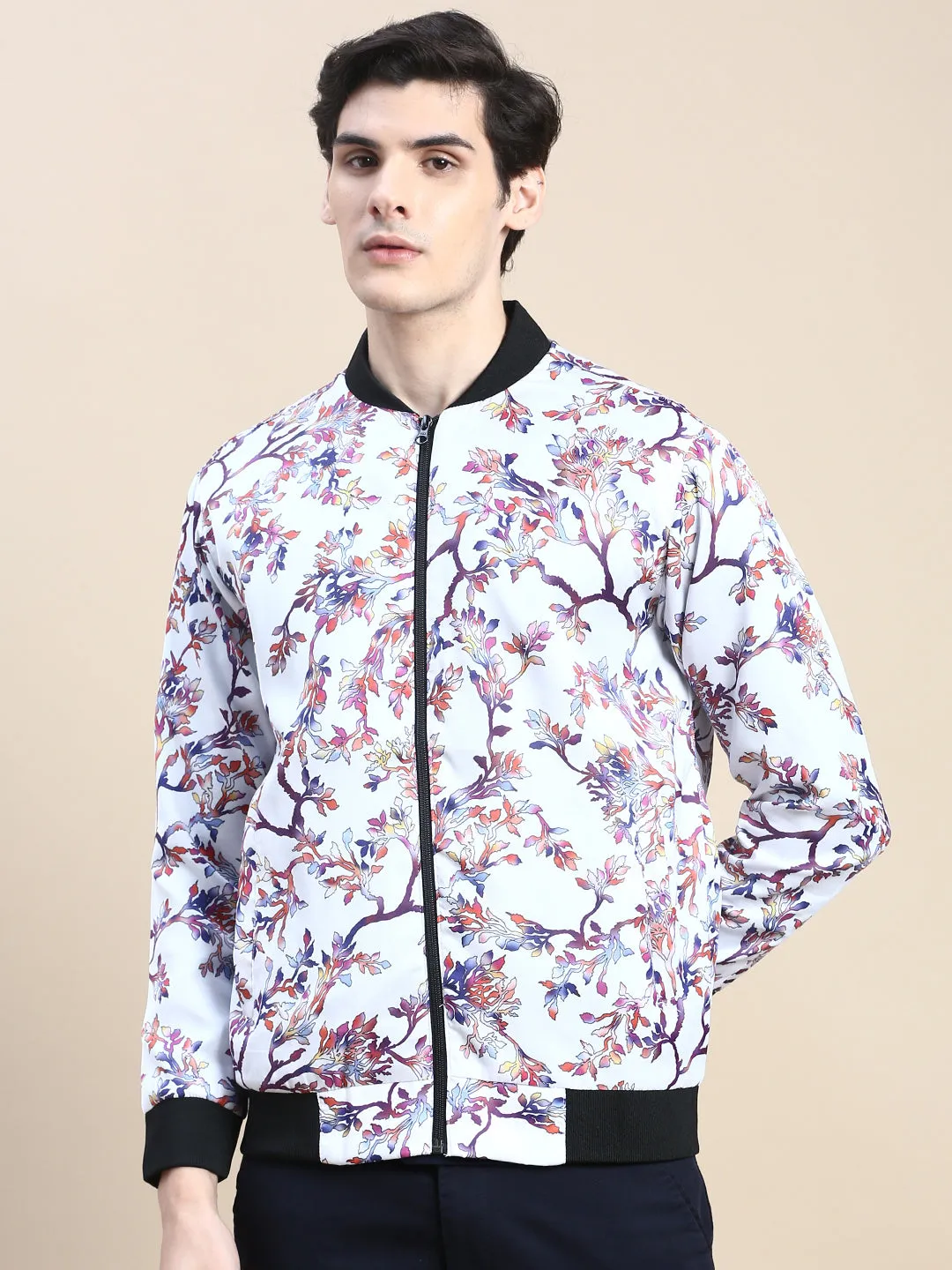 Non Irritating Edging Layered Comfort Look Men's White Floral Printed Bomber Jacket