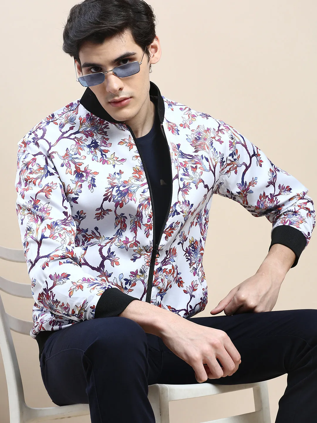 Men's White Floral Printed Bomber Jacket Minimalist Design Crisp Walk Look