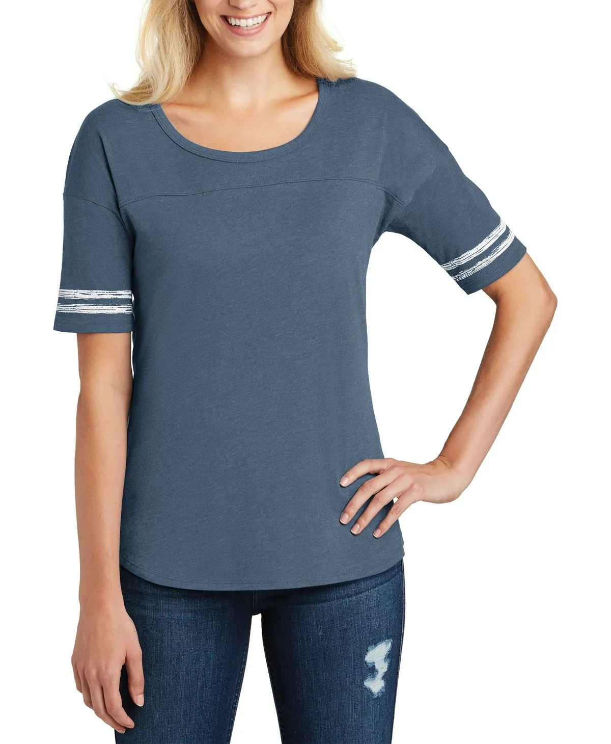 Layered Shoulder Design JustBlanks Women's Scorecard Long Sleeve Tee with Striped Sleeves