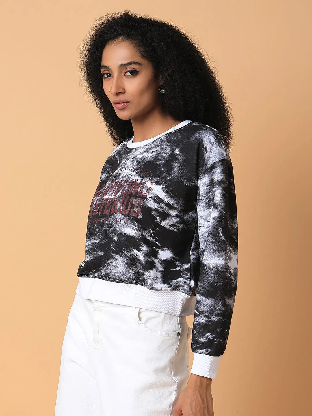 Versatile Piece Removable Women's Black Printed Casual Sweatshirt
